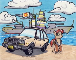 Size: 1024x812 | Tagged: safe, artist:sketchywolf-13, oc, oc only, species:earth pony, species:pony, amc, amc eagle, beach, car, clothing, cloud, commission, cutie mark, looking at you, male, ocean, sky, solo, stallion, station wagon, traditional art, vehicle, warship