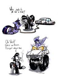 Size: 1024x1356 | Tagged: safe, artist:sketchywolf-13, character:twilight sparkle, character:twilight sparkle (alicorn), oc, oc:sketchy, species:alicorn, species:earth pony, species:pony, abuse, cadillac, car, cigarette, clothing, comic, cutie mark, instant karma, monster, monster truck, simple background, smoking, text, tied up, traditional art, twilybuse, vulgar, white background