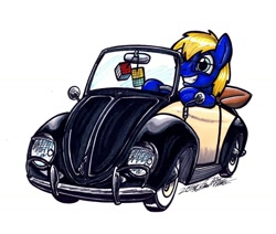 Size: 1024x870 | Tagged: safe, artist:sketchywolf-13, oc, oc only, oc:annomaniac, species:earth pony, species:pony, car, commission, driving, glasses, simple background, smiling, solo, traditional art, volkswagen, volkswagen beetle, white background, white walls