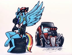 Size: 3300x2545 | Tagged: safe, artist:sketchywolf-13, character:rainbow dash, species:anthro, species:pegasus, species:pony, species:unguligrade anthro, breasts, busty rainbow dash, car, clothing, engine, female, ford, hot rod, simple background, solo, sunglasses, traditional art, white background, white walls, wings