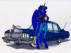 Size: 3225x2398 | Tagged: safe, artist:sketchywolf-13, character:princess luna, species:alicorn, species:anthro, species:pony, species:unguligrade anthro, cadillac, car, clothing, female, horn, looking at you, simple background, solo, traditional art, white background, wings