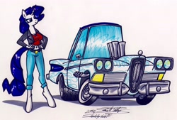 Size: 4090x2770 | Tagged: safe, artist:sketchywolf-13, character:rarity, species:anthro, species:pony, species:unguligrade anthro, species:unicorn, car, clothing, edsel, female, ford, ford edsel, horn, simple background, solo, traditional art, white background