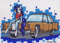 Size: 3300x2368 | Tagged: safe, artist:sketchywolf-13, character:rarity, species:anthro, species:pony, species:unguligrade anthro, species:unicorn, arm behind head, car, clothing, female, horn, jeans, lincoln (car), lincoln continental, looking at you, mare, midriff, pants, pose, shirt, solo, t-shirt, tail, traditional art