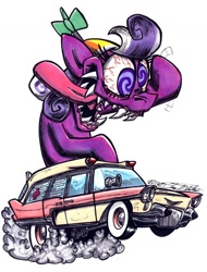 Size: 1024x1344 | Tagged: safe, artist:sketchywolf-13, character:screwball, species:earth pony, species:pony, ambulance, blood, cadillac, car, clothing, crazy eyes, crazy face, ed "big daddy" roth, ed roth, faec, female, filly, hat, mare, rat fink, sharp teeth, simple background, smoke, solo, style emulation, teeth, traditional art, white background