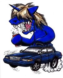 Size: 1024x1259 | Tagged: safe, artist:sketchywolf-13, oc, oc only, oc:colt .45, species:pony, species:unicorn, alcohol, beer, beer can, car, commission, ford, ford crown victoria, horn, male, messy mane, rat fink, sharp teeth, simple background, smoke, solo, stallion, teeth, traditional art, white background