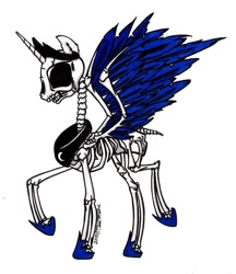 Size: 900x1041 | Tagged: safe, artist:sketchywolf-13, character:princess luna, species:alicorn, species:pony, bone, collar, crown, feather, female, horn, jewelry, logo, regalia, simple background, skeleton, skeleton pony, skull, solo, traditional art, white background, wings