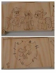 Size: 365x480 | Tagged: safe, artist:dawn-designs-art, artist:sapphire-burns-art, character:apple bloom, character:scootaloo, character:sweetie belle, species:earth pony, species:pegasus, species:pony, species:unicorn, cutie mark crusaders, photo, pyrography, traditional art, wood
