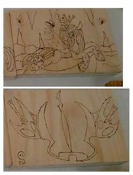 Size: 365x480 | Tagged: safe, artist:dawn-designs-art, artist:sapphire-burns-art, character:queen chrysalis, species:changeling, changeling queen, female, photo, pyrography, traditional art, wood