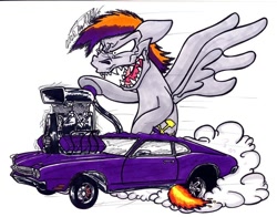 Size: 900x704 | Tagged: safe, artist:sketchywolf-13, oc, oc only, oc:jorganstan, species:pegasus, species:pony, car, chevrolet, chevrolet chevelle, commission, cutie mark, fire, male, rat fink, sharp teeth, sidepipes, simple background, smoke, solo, stallion, supercharger, teeth, traditional art, white background, wings