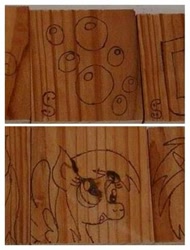 Size: 365x480 | Tagged: safe, artist:dawn-designs-art, artist:sapphire-burns-art, character:derpy hooves, species:pegasus, species:pony, cutie mark, photo, pyrography, traditional art, wood