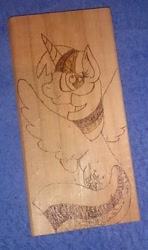 Size: 397x670 | Tagged: safe, artist:dawn-designs-art, artist:sapphire-burns-art, character:twilight sparkle, character:twilight sparkle (alicorn), species:alicorn, species:pony, photo, pyrography, traditional art, wood