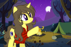 Size: 931x619 | Tagged: safe, artist:rioshi, artist:starshade, oc, oc only, oc:astral flare, species:pony, species:unicorn, adorkable, beanie, campfire, camping, clothing, cute, cutie mark, dork, eyeshadow, flannel, forest, hat, hooves, makeup, moon, smiling, stars, tent