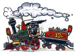 Size: 900x655 | Tagged: safe, alternate version, artist:sketchywolf-13, oc, oc only, oc:sketchy, species:earth pony, species:pony, cigarette, clothing, male, smoke, smoking, solo, stallion, steam locomotive, steam train, sunglasses, traditional art, train, wood