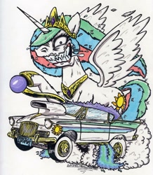 Size: 892x1025 | Tagged: safe, artist:sketchywolf-13, character:princess celestia, species:alicorn, species:pony, car, collar, crown, cutie mark, female, fire, horn, jewelry, mare, rat fink, regalia, sharp teeth, sidepipes, simple background, smoke, solo, sunbeam (car), teeth, traditional art, white background, wings