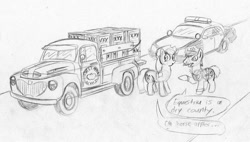 Size: 900x510 | Tagged: safe, artist:sketchywolf-13, character:applejack, oc, species:earth pony, species:pony, alcohol, car, clothing, cowboy hat, cutie mark, dialogue, female, ford, ford crown victoria, hat, male, mare, monochrome, moonshine, pickup truck, police, police car, police officer, road, speech bubble, stallion, text, traditional art, vehicle