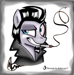 Size: 1024x1030 | Tagged: safe, artist:robocop17, artist:sketchywolf-13, edit, oc, oc only, oc:sketchy, species:earth pony, species:pony, cigarette, clothing, color edit, colored, digital art, male, smiling, smoking, solo, stallion