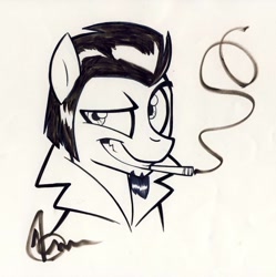 Size: 1024x1030 | Tagged: safe, artist:sketchywolf-13, oc, oc only, oc:sketchy, species:earth pony, species:pony, cigarette, clothing, monochrome, smiling, smoking, solo, traditional art