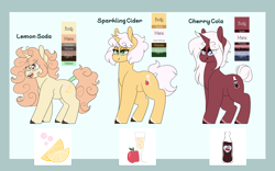 Size: 4000x2500 | Tagged: safe, artist:liefsong, oc, oc:cherry cola, oc:lemon soda, oc:sparkling cider, species:pony, species:unicorn, color palette, cute, cutie mark, female, reference sheet, siblings, sisters, tail wrap, ultimare universe, unshorn fetlocks, wingding eyes
