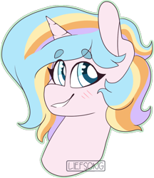 Size: 934x1082 | Tagged: safe, artist:liefsong, oc, oc:oofy colorful, species:pony, species:unicorn, blushing, bust, smiling