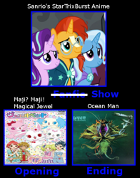 Size: 440x560 | Tagged: safe, artist:mega-poneo, character:starlight glimmer, character:sunburst, character:trixie, ship:startrixburst, bisexual, female, jewelpet, lesbian, male, ocean man, polyamory, sanrio, sega, shipping, straight, what if