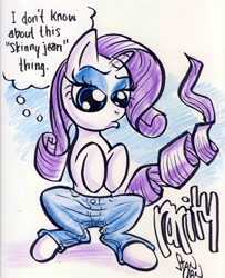 Size: 2540x3131 | Tagged: safe, artist:sketchywolf-13, character:rarity, species:pony, species:unicorn, clothing, commission, dialogue, female, horn, jeans, mare, pants, solo, speech bubble, tail, text, traditional art