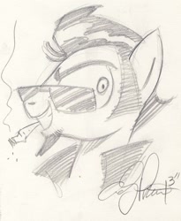 Size: 1024x1249 | Tagged: safe, artist:sketchywolf-13, oc, oc only, oc:sketchy, species:earth pony, species:pony, cigarette, clothing, gift art, looking at you, male, monochrome, simple background, smoke, solo, stallion, sunglasses, traditional art, white background