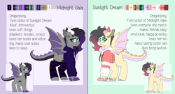 Size: 5000x2700 | Tagged: safe, artist:liefsong, species:dracony, species:dragon, species:pony, claws, clothing, ear piercing, earring, female, hoodie, hybrid, jewelry, piercing, reference sheet, siblings, sisters, twins, wingding eyes