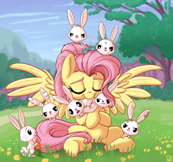 Size: 2296x2160 | Tagged: safe, artist:pirill, character:angel bunny, character:fluttershy, species:pegasus, species:pony, species:rabbit, episode:the last problem, g4, my little pony: friendship is magic, accessories, animal, bush, cloud, cute, dandelion, dawwww, ear fluff, eyes closed, female, flower, grass, grass field, ground, high res, hnnng, hug, male, mare, mountain, older, older fluttershy, path, scenery, shyabetes, signature, sitting, sky, smiling, solo focus, spread wings, tail, tree, weapons-grade cute, when you see it, wings
