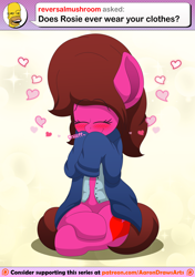 Size: 3600x5100 | Tagged: safe, artist:aarondrawsarts, oc, oc:rose bloom, species:earth pony, species:pony, ask brain teaser, blushing, clothing, female, heart, shirt, sniffing, tumblr