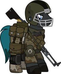 Size: 1280x1553 | Tagged: safe, artist:n0kkun, oc, oc only, oc:steel burst, species:earth pony, species:pony, fallout equestria, armor, bag, belt, boots, bullet, camouflage, clothing, crossover, dirt, fallout, football helmet, gloves, gun, handgun, helmet, knee pads, machine gun, male, mud, pants, pistol, pouch, shirt, shoes, simple background, solo, stallion, transparent background, weapon