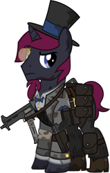 Size: 1280x2010 | Tagged: safe, artist:n0kkun, oc, oc only, oc:sir sharp feather, species:pony, species:unicorn, fallout equestria, armor, beer bottle, belt, boots, bottle, bow tie, clothing, cowboy boots, crossover, dirt, fallout, gun, handgun, male, mud, pants, pistol, pouch, shirt, shoes, simple background, socks, solo, stallion, submachinegun, suit, transparent background, ump45, vest, weapon