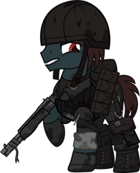 Size: 1280x1586 | Tagged: safe, artist:n0kkun, oc, oc only, oc:stone heart (ice1517), species:earth pony, species:pony, fallout equestria, armor, bag, bandage, boots, clothing, crossover, dirt, fallout, gloves, gun, helmet, knee pads, male, mud, pants, saddle bag, shirt, shoes, shotgun, simple background, solo, spas-12, stallion, tape, transparent background, weapon