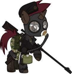 Size: 1280x1317 | Tagged: safe, artist:n0kkun, oc, oc only, oc:thunder shot, species:pony, species:unicorn, fallout equestria, anti-materiel rifle, belt, beret, boots, camouflage, clothing, crossover, ear piercing, earring, fallout, female, fingerless gloves, gas mask, gloves, gun, handgun, hat, jacket, jewelry, knife, leather jacket, mare, mask, pants, piercing, pistol, pouch, rifle, shirt, shoes, simple background, sniper, sniper rifle, solo, transparent background, weapon
