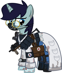 Size: 1280x1521 | Tagged: safe, artist:n0kkun, oc, oc only, oc:clear mind, species:pony, species:unicorn, fallout equestria, bag, belt, boots, clothing, combat medic, crossover, dirt, face mask, fallout, female, glasses, gun, handgun, hangun, jeans, knee pads, lab coat, mare, mask, medical saddlebag, mp7, mud, pants, pistol, pouch, saddle bag, shirt, shoes, simple background, solo, submachinegun, surgical mask, tape, transparent background, watch, weapon, wristwatch