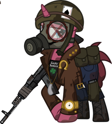 Size: 1280x1411 | Tagged: safe, artist:n0kkun, oc, oc only, oc:golden dreams, species:pony, species:unicorn, fallout equestria, ace of spades, ak-47, ak-74, assault rifle, belt, boots, clothing, clover, coat, crossover, dirty, fallout, four leaf clover, gas mask, gun, helmet, horseshoes, jeans, jewelry, male, mask, necklace, pants, paws, playing card, pouch, rabbit's foot, raised hoof, rifle, shirt, shoes, simple background, solo, stallion, t-shirt, tape, transparent background, vulgar, watch, weapon, wristwatch