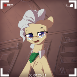 Size: 2500x2500 | Tagged: safe, artist:shido-tara, character:mayor mare, species:earth pony, species:pony, camera shot, chest fluff, colored pupils, female, high res, looking at you, mare, open mouth, recording, solo