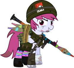 Size: 1280x1170 | Tagged: safe, artist:n0kkun, oc, oc only, oc:sky bomb, species:pegasus, species:pony, fallout equestria, ammo belt, ammo can, bandage, bandolier, bayonet, boots, bullet, cigarette, cigarette pack, clothing, crossover, dirty, eye scar, fallout, female, grenade, gun, helmet, knife, lip piercing, mare, marlboro, pants, piercing, pouch, rocket launcher, rpg-7, scar, shoes, shorts, simple background, smiley face, smiling, socks, solo, striped socks, tank top, torn clothes, transparent background, vest, weapon