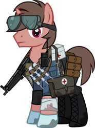 Size: 1280x1726 | Tagged: safe, artist:n0kkun, oc, oc only, oc:clear clouds, species:pony, species:unicorn, fallout equestria, bag, bandage, belt, boots, clothing, crossover, fallout, gloves, goggles, gun, jeans, male, medic, mp5, pants, pouch, radio, saddle bag, shirt, shoes, simple background, solo, stallion, submachinegun, syringe, transparent background, weapon