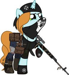 Size: 1280x1381 | Tagged: safe, artist:n0kkun, oc, oc only, oc:hyper scope, species:pony, species:unicorn, fallout equestria, bag, bandana, belt, beret, boots, clothing, crossover, dragunov, fallout, female, gloves, gun, hat, jeans, knife, mare, pants, pouch, radio, raised hoof, rifle, saddle bag, shirt, shoes, simple background, sniper, sniper rifle, solo, t-shirt, tape, torn clothes, transparent background, weapon