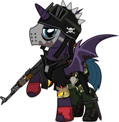 Size: 1280x1307 | Tagged: safe, artist:n0kkun, oc, oc only, oc:bullet storm (ice1517), species:alicorn, species:bat pony, species:pony, fallout equestria, ak-47, alicorn oc, assault rifle, bat pony alicorn, bat pony oc, bat wings, belt, boots, camouflage, clothing, crossover, dog tags, fallout, fingerless gloves, gloves, goggles, gun, helmet, hockey mask, horn, jacket, knife, leather jacket, male, mask, pants, raised hoof, rifle, sawed off shotgun, shirt, shoes, shotgun, simple background, solo, stallion, t-shirt, tape, torn clothes, transparent background, weapon, wings