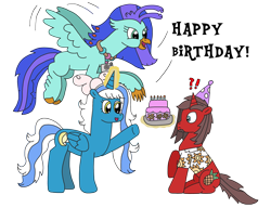 Size: 3164x2431 | Tagged: safe, artist:supahdonarudo, oc, oc only, oc:fleurbelle, oc:ironyoshi, oc:sea lilly, species:alicorn, species:classical hippogriff, species:hippogriff, species:pony, species:unicorn, birthday, birthday cake, bow, cake, camera, food, jewelry, necklace, simple background, surprised, transparent background