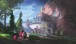 Size: 4700x2700 | Tagged: safe, artist:auroriia, character:pinkie pie, species:earth pony, species:pony, canterlot, canterlot castle, canvas, castle, digital art, female, high res, mare, mouth hold, paint, paintbrush, painting, palette, prone, scenery, smiling, solo, tree