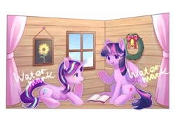 Size: 1224x881 | Tagged: safe, artist:leafywind, character:starlight glimmer, character:twilight sparkle, character:twilight sparkle (alicorn), species:alicorn, species:pony, species:unicorn, book, christmas, christmas wreath, duo, female, holiday, mare, obtrusive watermark, watermark, wreath