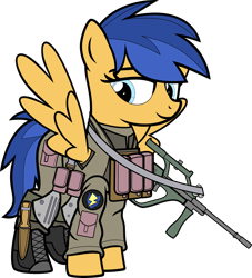 Size: 8000x8806 | Tagged: safe, artist:icey-wicey-1517, artist:n0kkun, edit, character:flash sentry, species:pegasus, species:pony, alternate hairstyle, armor, belt, boots, clothing, collaboration, color edit, colored, combat armor, combat boots, female, flare warden, gun, knee pads, mare, military, military uniform, pants, pouch, rifle, rule 63, shoes, simple background, smiling, smirk, solo, spetsnaz, steyr aug, transparent background, weapon