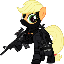 Size: 6000x6080 | Tagged: safe, artist:n0kkun, part of a set, character:applejack, species:earth pony, species:pony, armor, balaclava, belt, boots, bullet, clothing, commission, cuffs, elbow pads, female, gloves, grenade, gun, knee pads, m4a1, mare, mask, pants, police, pouch, raised hoof, remington 870, shoes, shotgun, shotgun shell, simple background, smoke bomb, solo, swat, transparent background, united states, weapon