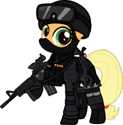Size: 6000x6109 | Tagged: safe, alternate version, artist:n0kkun, part of a set, character:applejack, species:earth pony, species:pony, armor, balaclava, belt, boots, bullet, clothing, commission, cuffs, elbow pads, female, gloves, goggles, grenade, gun, helmet, knee pads, m4a1, mare, mask, pants, police, pouch, ppe, raised hoof, remington 870, shoes, shotgun, shotgun shell, simple background, smoke bomb, solo, swat, transparent background, united states, weapon