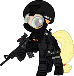 Size: 6000x6109 | Tagged: safe, alternate version, artist:n0kkun, part of a set, character:applejack, species:earth pony, species:pony, armor, balaclava, belt, boots, bullet, clothing, commission, cuffs, elbow pads, female, gloves, grenade, gun, helmet, knee pads, m4a1, mare, mask, pants, police, pouch, raised hoof, remington 870, shoes, shotgun, shotgun shell, simple background, smoke bomb, solo, swat, transparent background, united states, visor, weapon