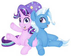 Size: 4096x3260 | Tagged: safe, artist:partylikeanartist, character:starlight glimmer, character:trixie, species:pony, species:unicorn, absurd resolution, back to back, belly button, clothing, couple, cute, diatrixes, female, hat, lesbian, looking at you, simple background, sitting, starlight wearing trixie's hat, transparent background, trixie's hat, wingding eyes