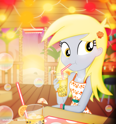 Size: 2005x2132 | Tagged: safe, artist:invisibleink, character:derpy hooves, my little pony:equestria girls, beach, beverage, bracelet, bubble, bubble tea, clothing, cute, derpabetes, dress, drinking straw, female, food, high res, jewelry, palm tree, show accurate, sleeveless, smiling, solo, sunset, tea, tree