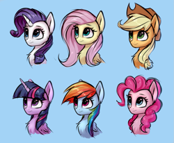Size: 1033x852 | Tagged: safe, artist:setharu, character:applejack, character:fluttershy, character:pinkie pie, character:rainbow dash, character:rarity, character:twilight sparkle, character:twilight sparkle (alicorn), species:alicorn, species:earth pony, species:pegasus, species:pony, species:unicorn, applejack's hat, bust, chest fluff, clothing, cowboy hat, cute, female, hat, horn, looking away, mare, portrait, wings